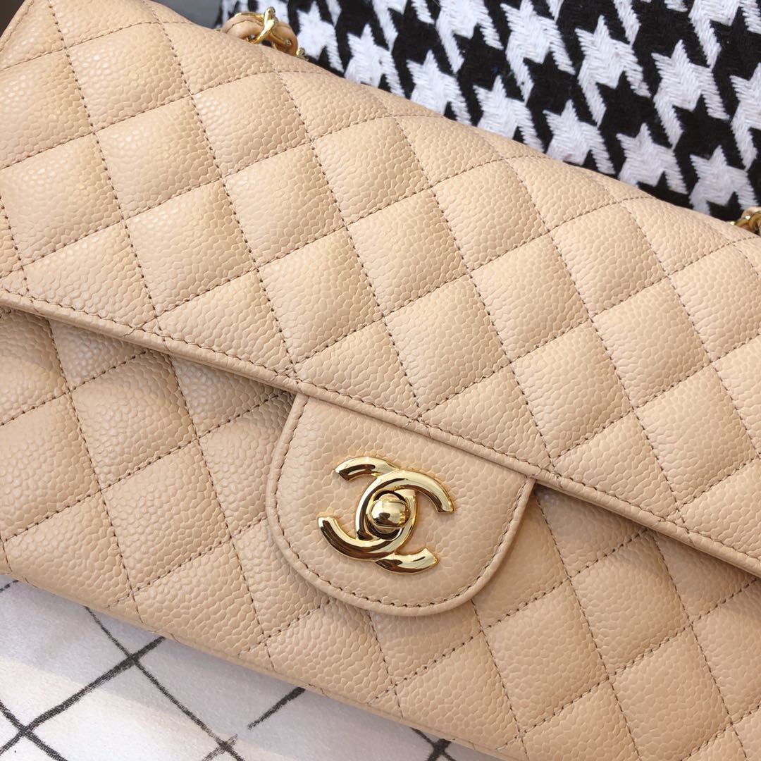 【正品级】杏色 金扣 Chanel CF 法国原厂Haas小球纹小鱼子酱牛皮 25cm