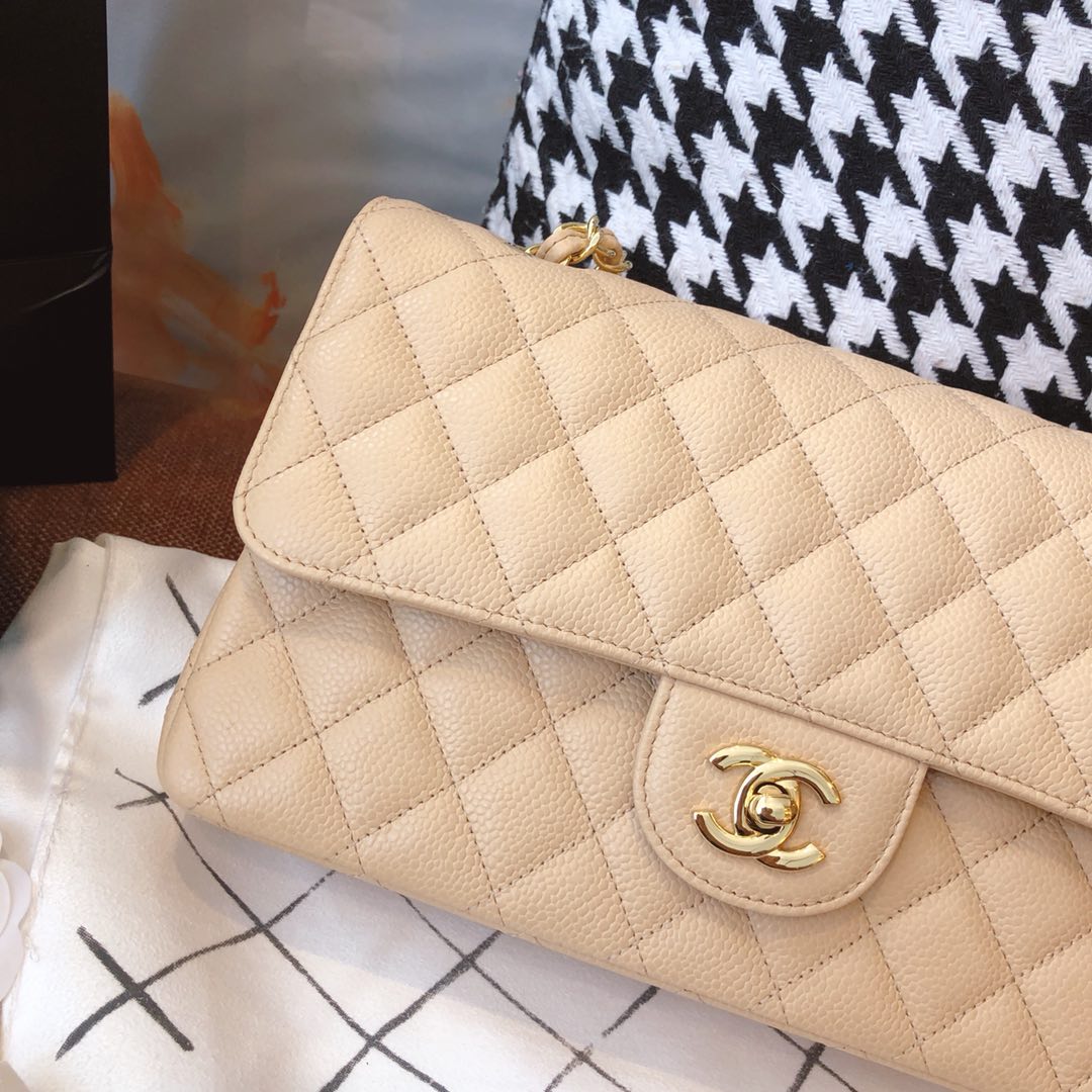 【正品级】杏色 金扣 Chanel CF 法国原厂Haas小球纹小鱼子酱牛皮 25cm