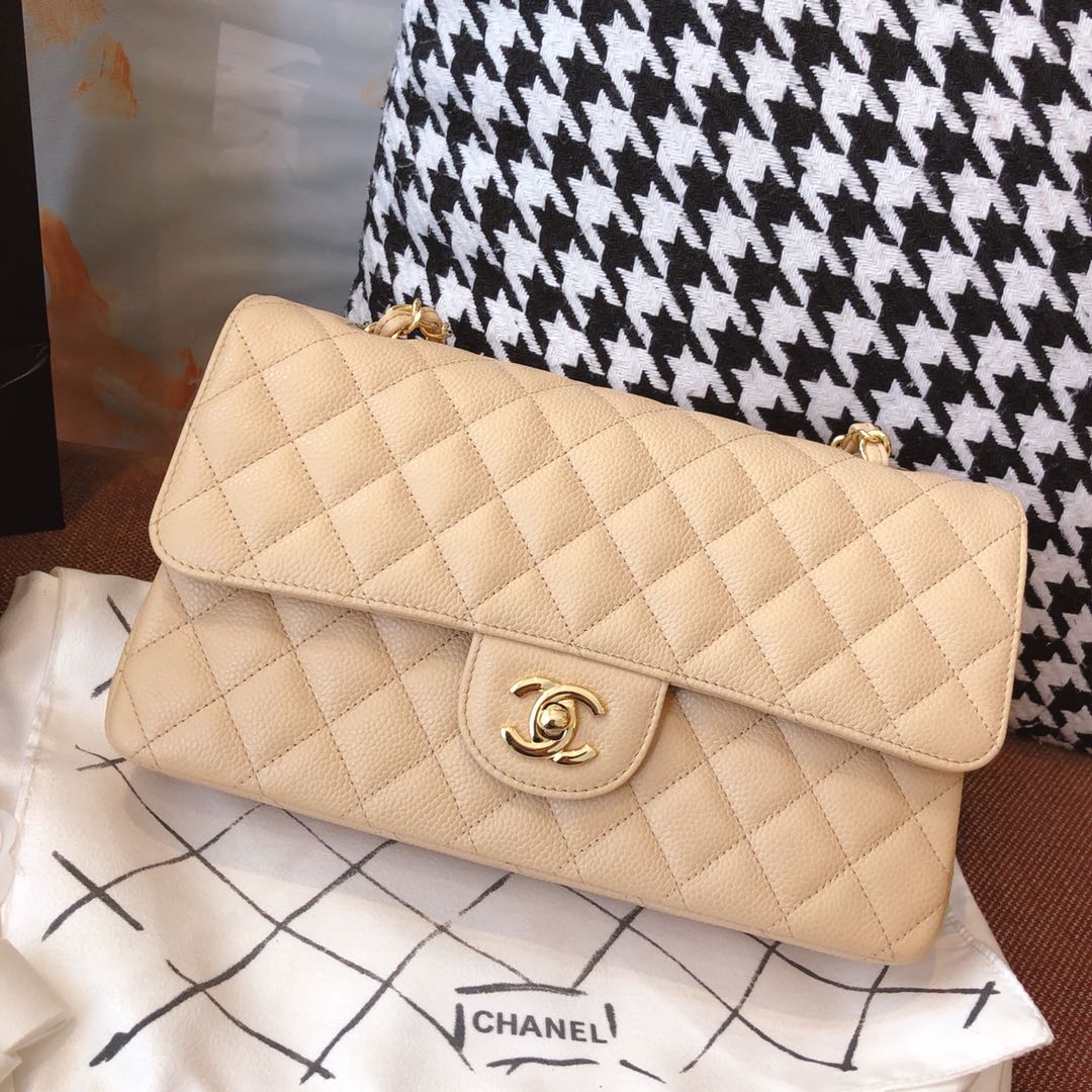 【正品级】杏色 金扣 Chanel CF 法国原厂Haas小球纹小鱼子酱牛皮 25cm