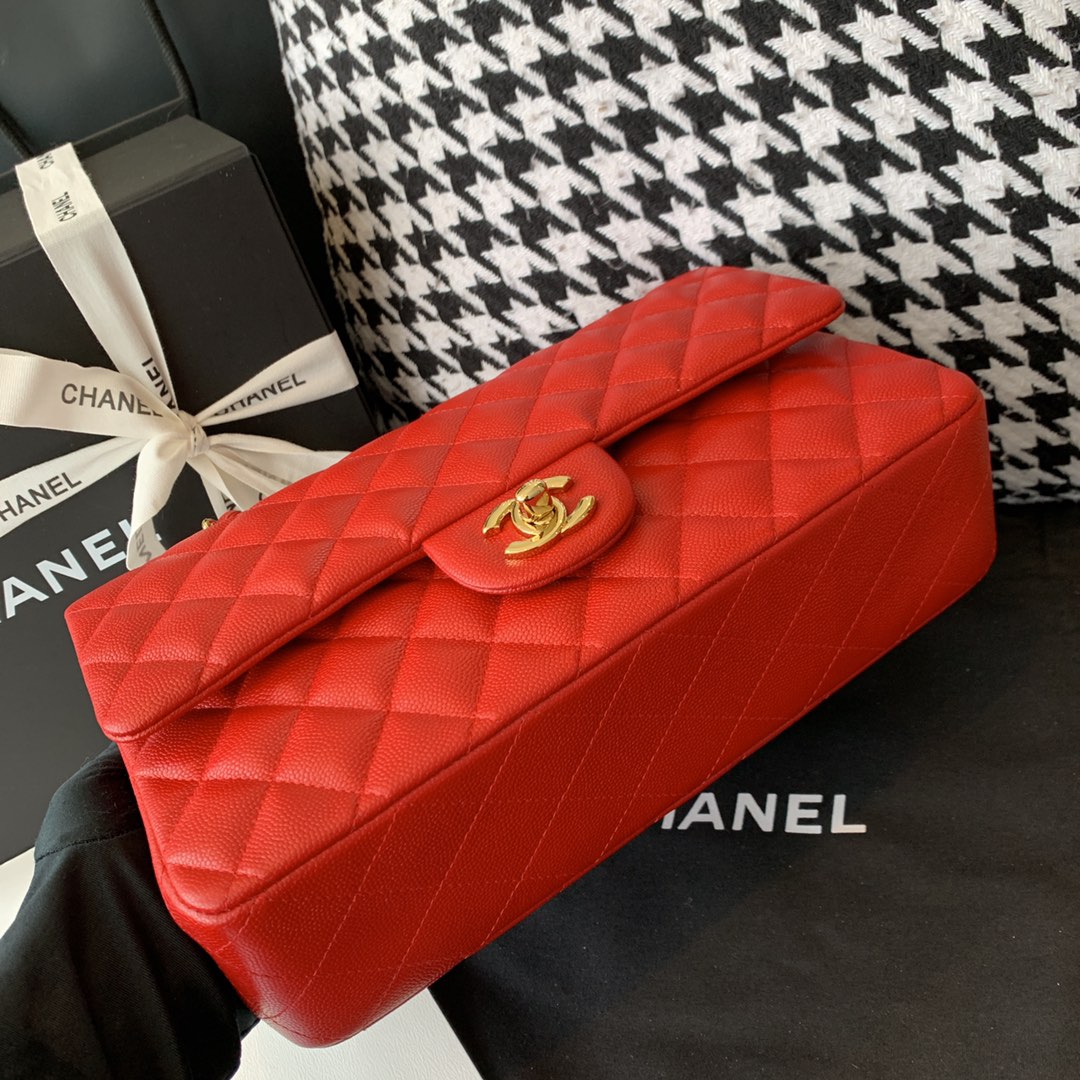 【正品级】砖红色 金扣 Chanel CF 法国原厂Haas小球纹小鱼子酱牛皮 25cm