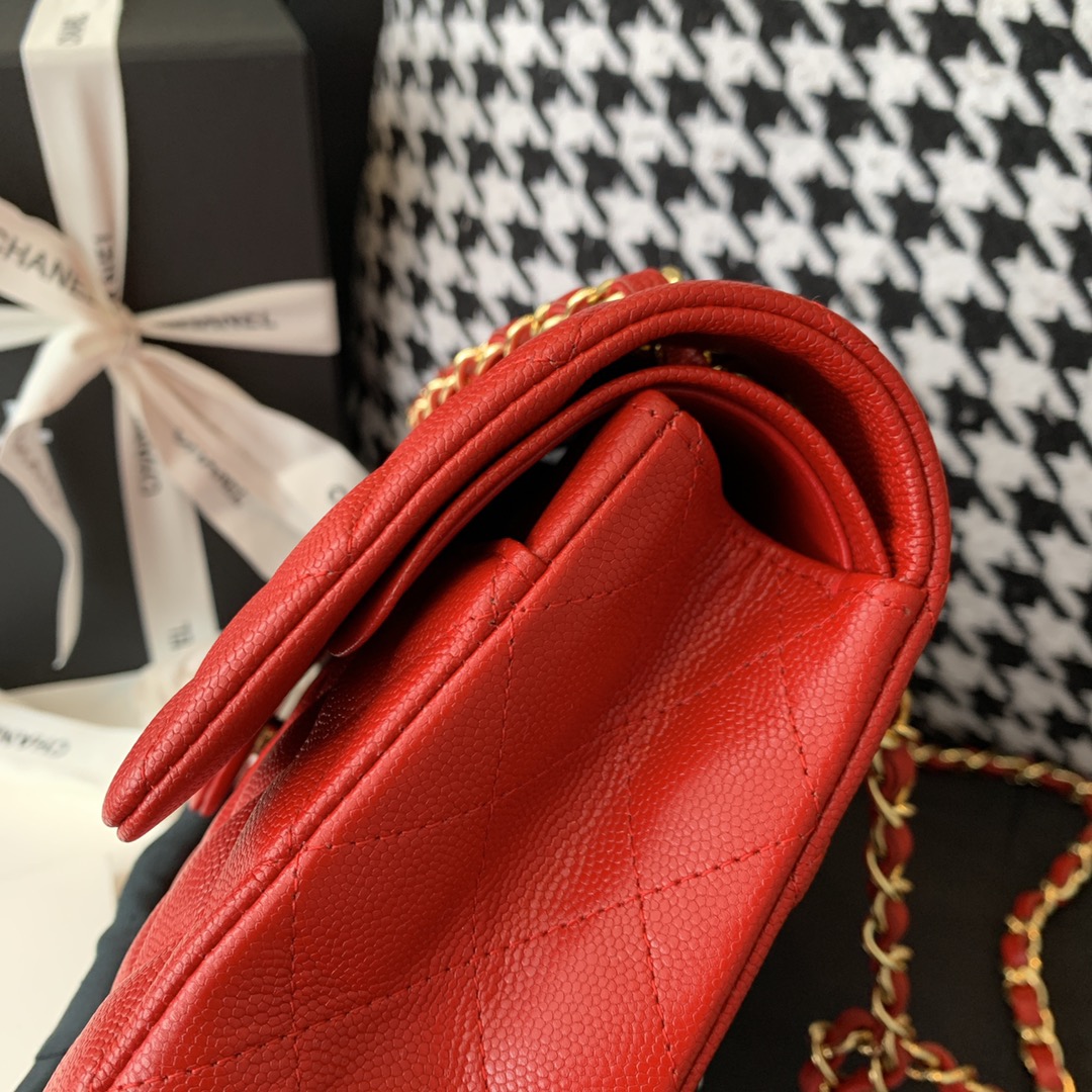 【正品级】砖红色 金扣 Chanel CF 法国原厂Haas小球纹小鱼子酱牛皮 25cm
