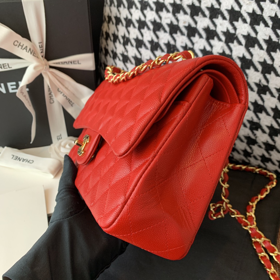 【正品级】砖红色 金扣 Chanel CF 法国原厂Haas小球纹小鱼子酱牛皮 25cm