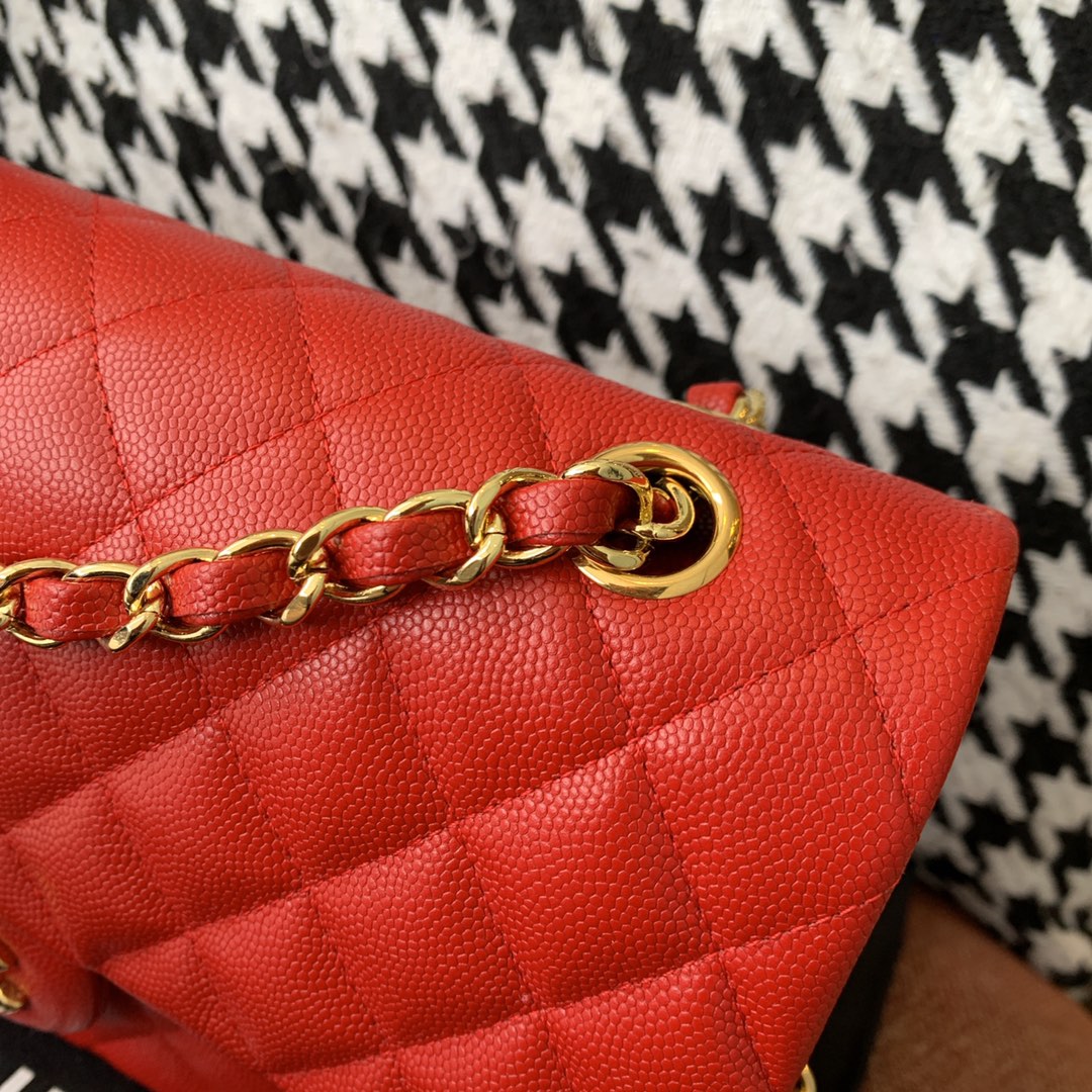 【正品级】砖红色 金扣 Chanel CF 法国原厂Haas小球纹小鱼子酱牛皮 25cm