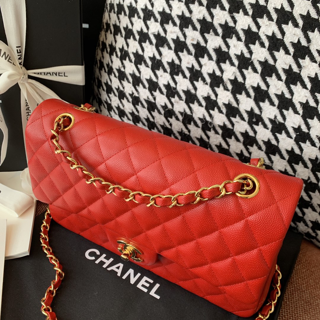 【正品级】砖红色 金扣 Chanel CF 法国原厂Haas小球纹小鱼子酱牛皮 25cm