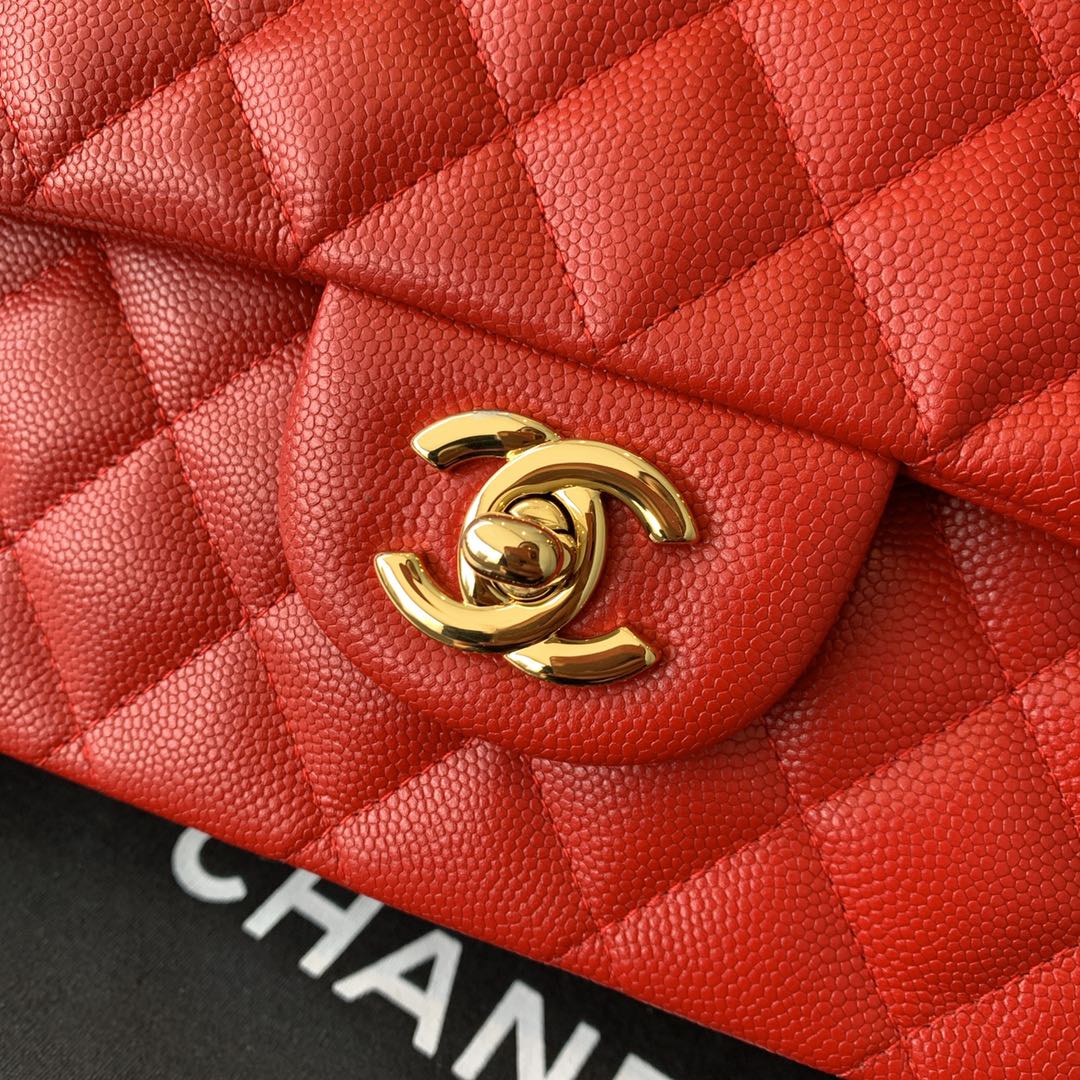 【正品级】砖红色 金扣 Chanel CF 法国原厂Haas小球纹小鱼子酱牛皮 25cm