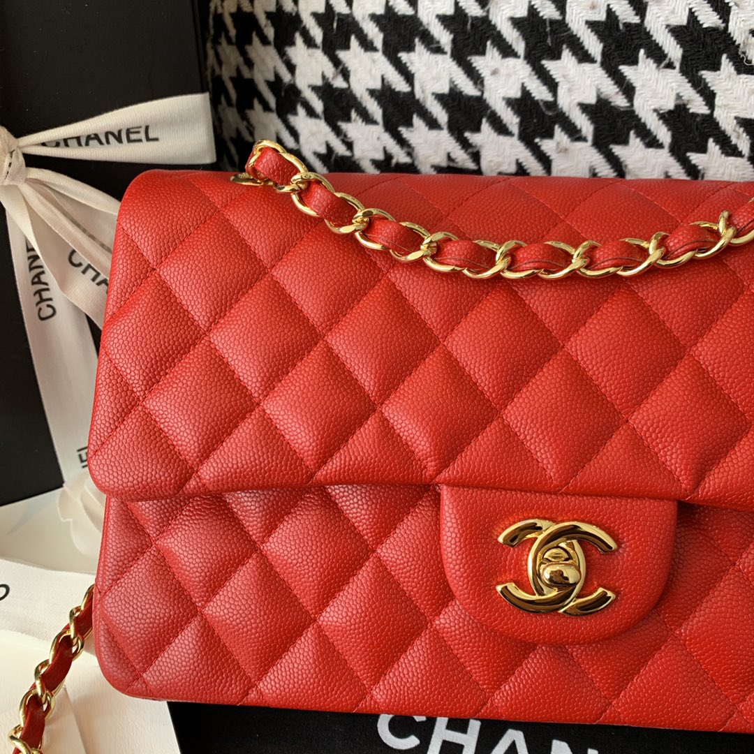【正品级】砖红色 金扣 Chanel CF 法国原厂Haas小球纹小鱼子酱牛皮 25cm