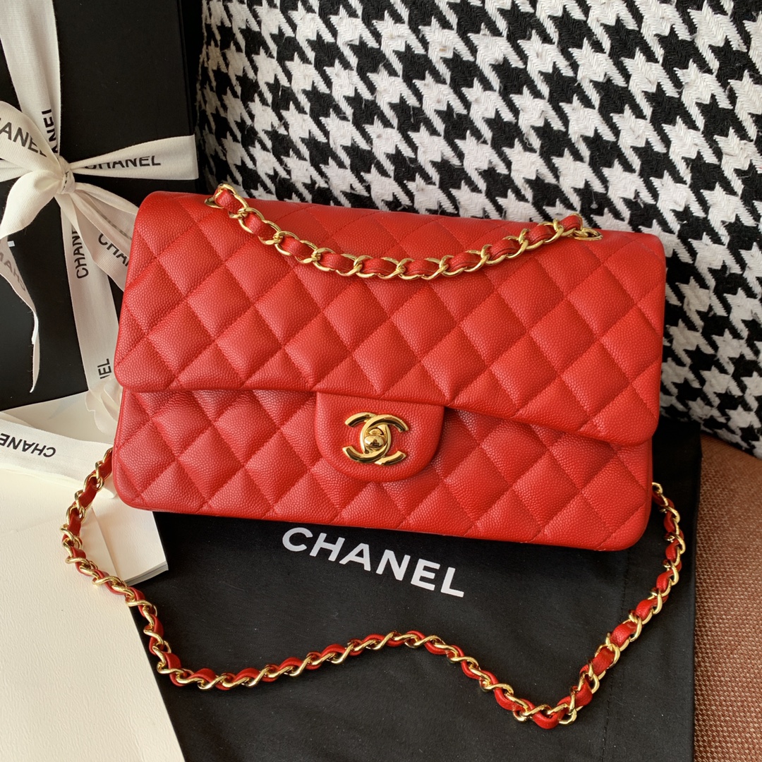 【正品级】砖红色 金扣 Chanel CF 法国原厂Haas小球纹小鱼子酱牛皮 25cm
