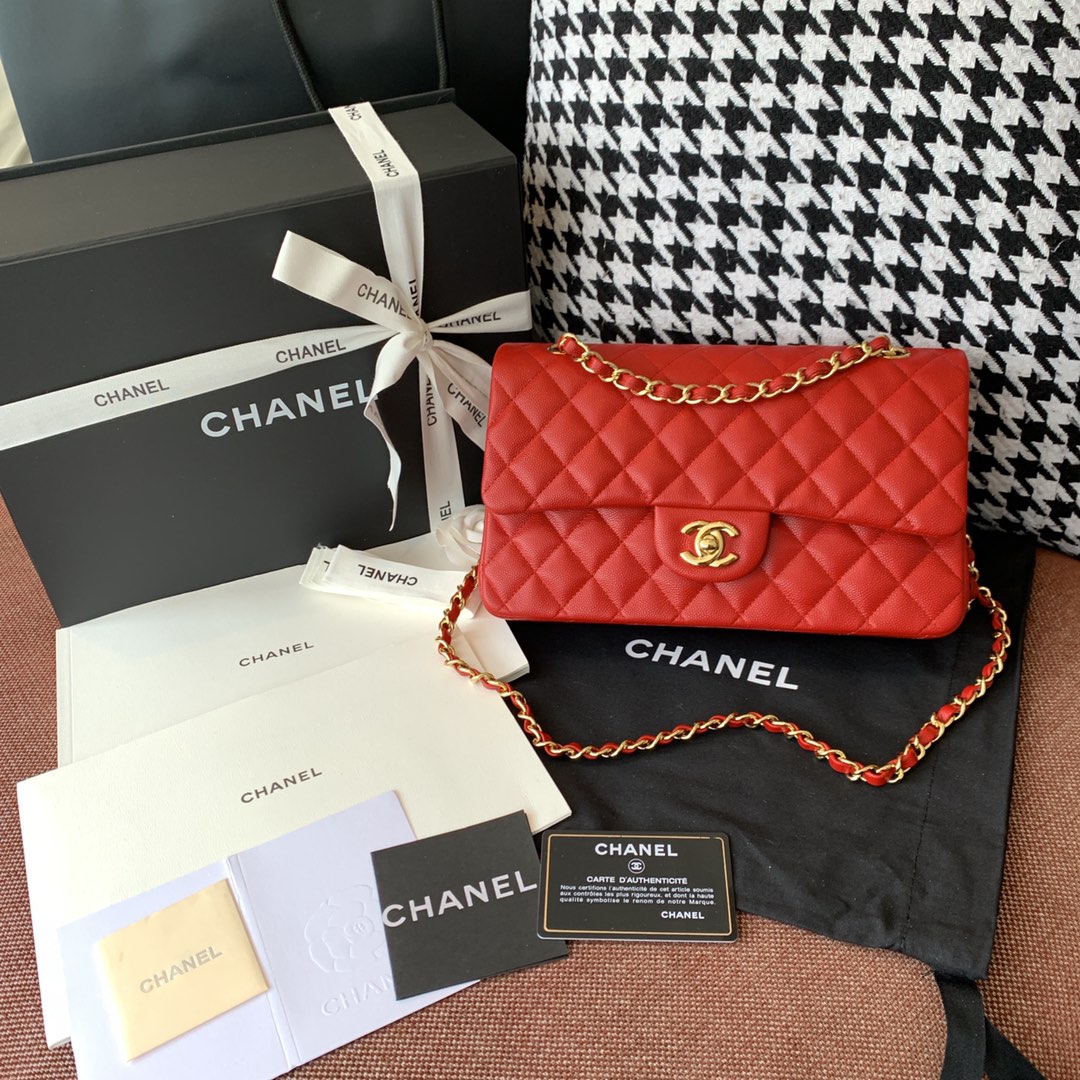 【正品级】砖红色 金扣 Chanel CF 法国原厂Haas小球纹小鱼子酱牛皮 25cm