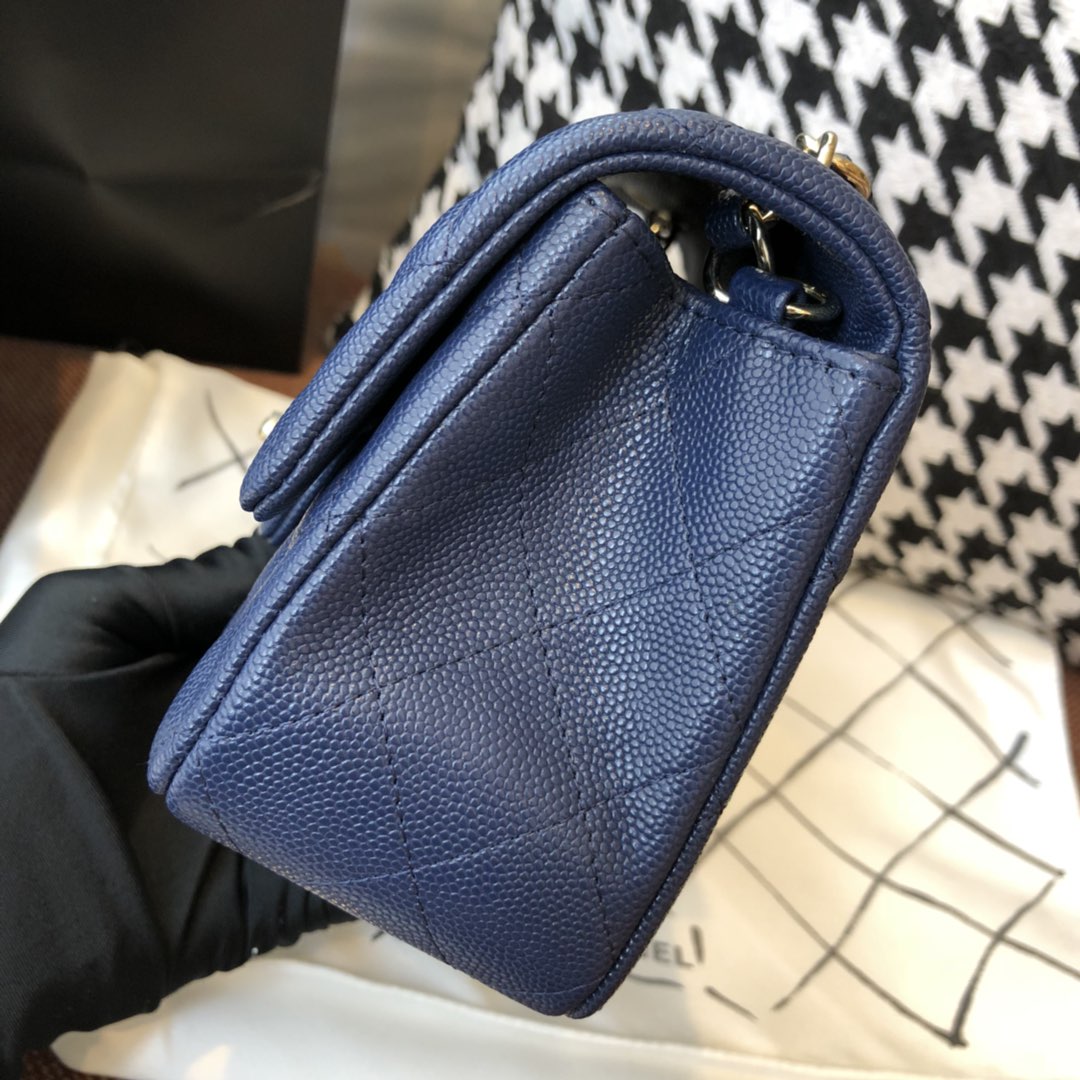 【正品级】 Chanel CF 法国原厂Haas球纹小鱼子酱牛皮 20cm 海军蓝—香金扣