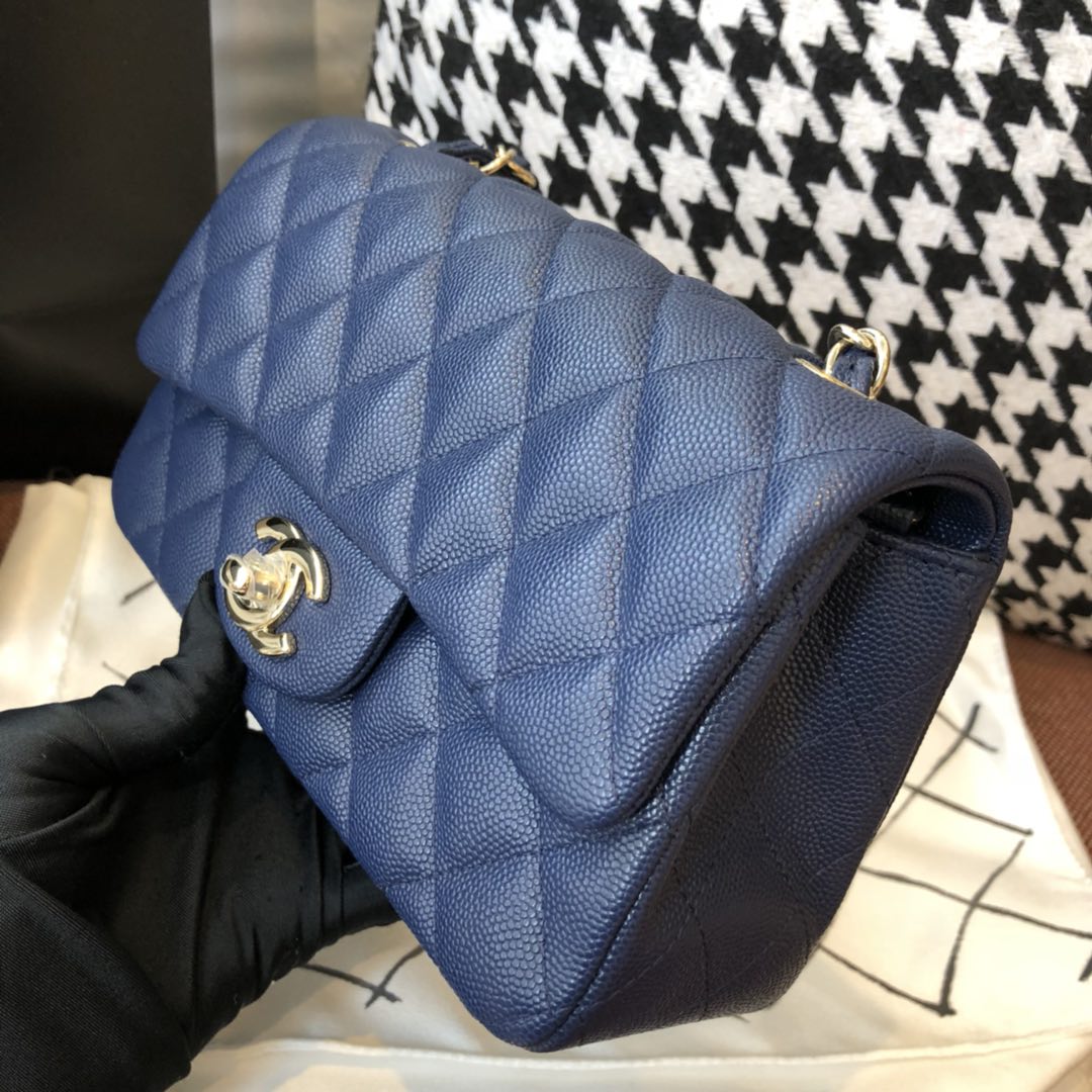 【正品级】 Chanel CF 法国原厂Haas球纹小鱼子酱牛皮 20cm 海军蓝—香金扣