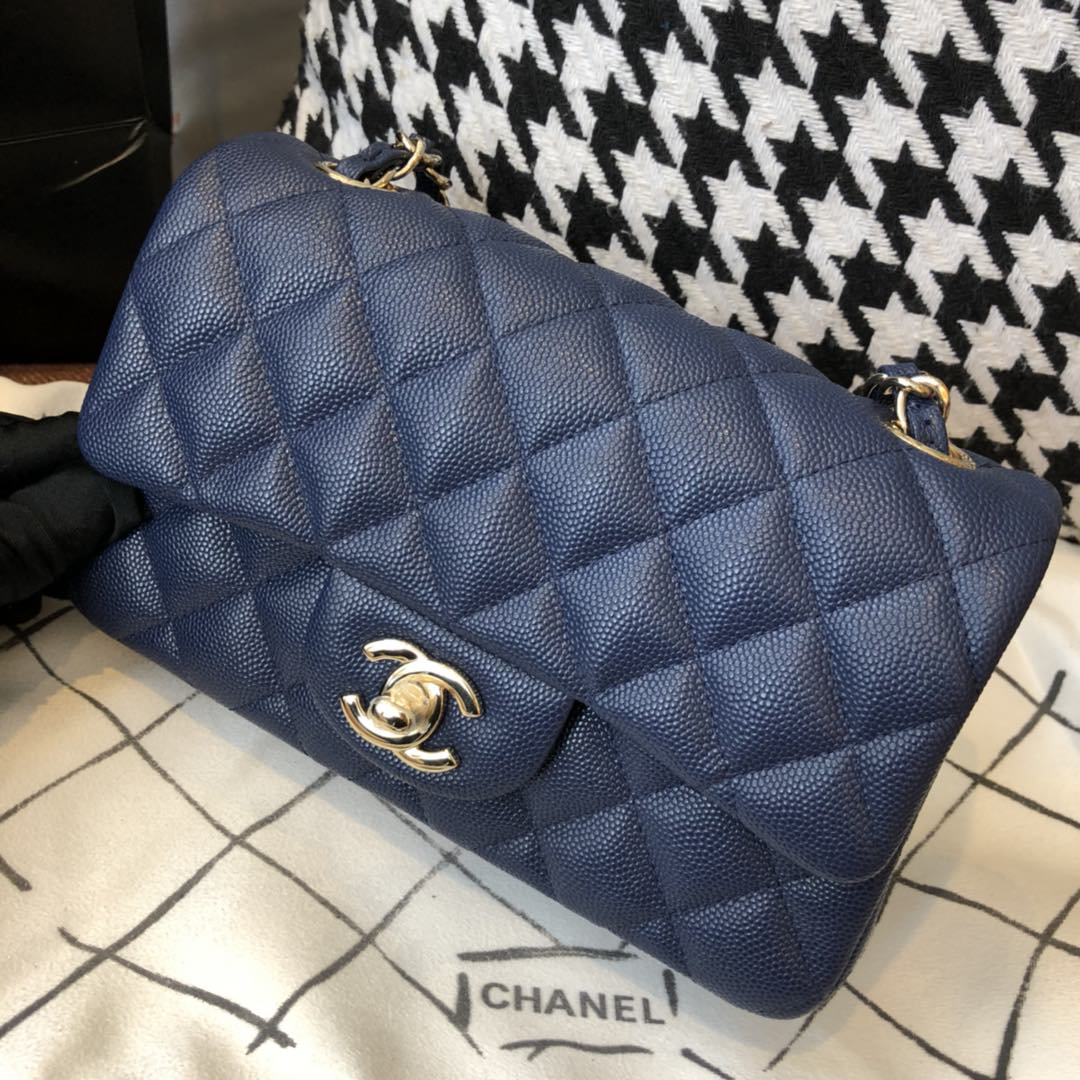 【正品级】 Chanel CF 法国原厂Haas球纹小鱼子酱牛皮 20cm 海军蓝—香金扣