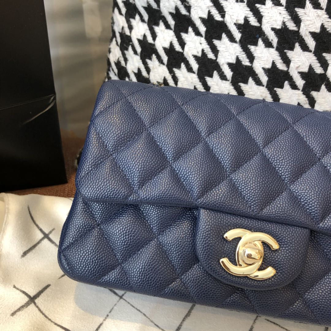 【正品级】 Chanel CF 法国原厂Haas球纹小鱼子酱牛皮 20cm 海军蓝—香金扣