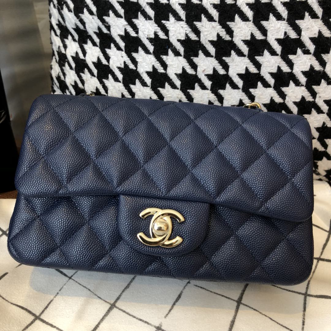 【正品级】 Chanel CF 法国原厂Haas球纹小鱼子酱牛皮 20cm 海军蓝—香金扣