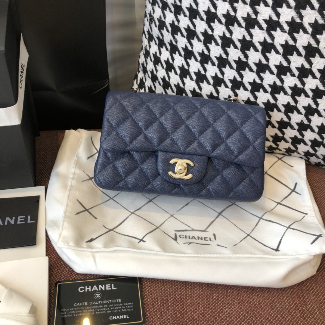 【正品级】 Chanel CF 法国原厂Haas球纹小鱼子酱牛皮 20cm 海军蓝—香金扣