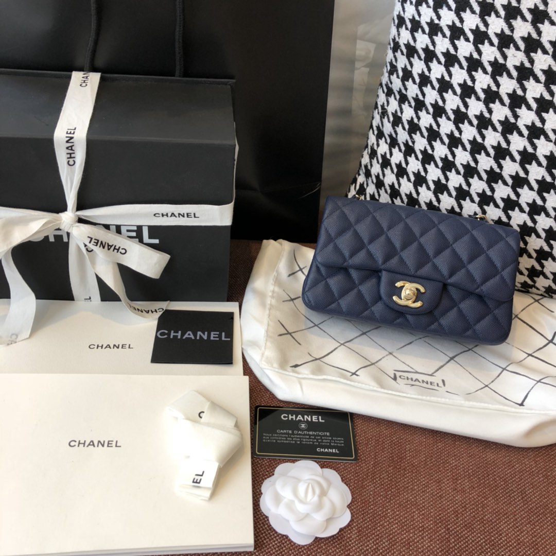 【正品级】 Chanel CF 法国原厂Haas球纹小鱼子酱牛皮 20cm 海军蓝—香金扣