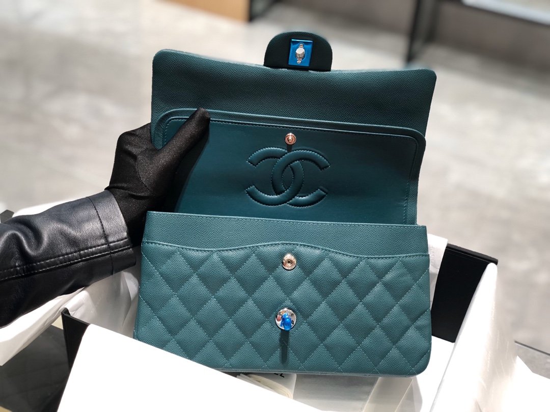 孔雀绿-银扣～Chanel CF 法国原厂Haas小球纹小鱼子酱牛皮 25cm～原厂皮