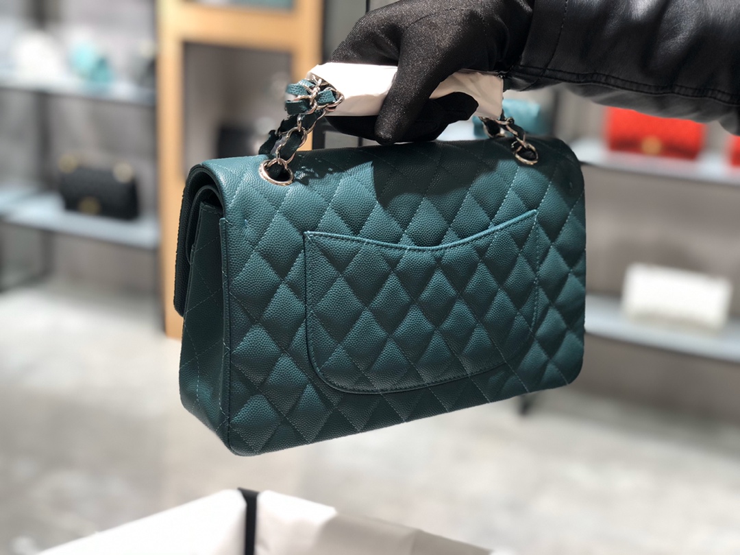 孔雀绿-银扣～Chanel CF 法国原厂Haas小球纹小鱼子酱牛皮 25cm～原厂皮