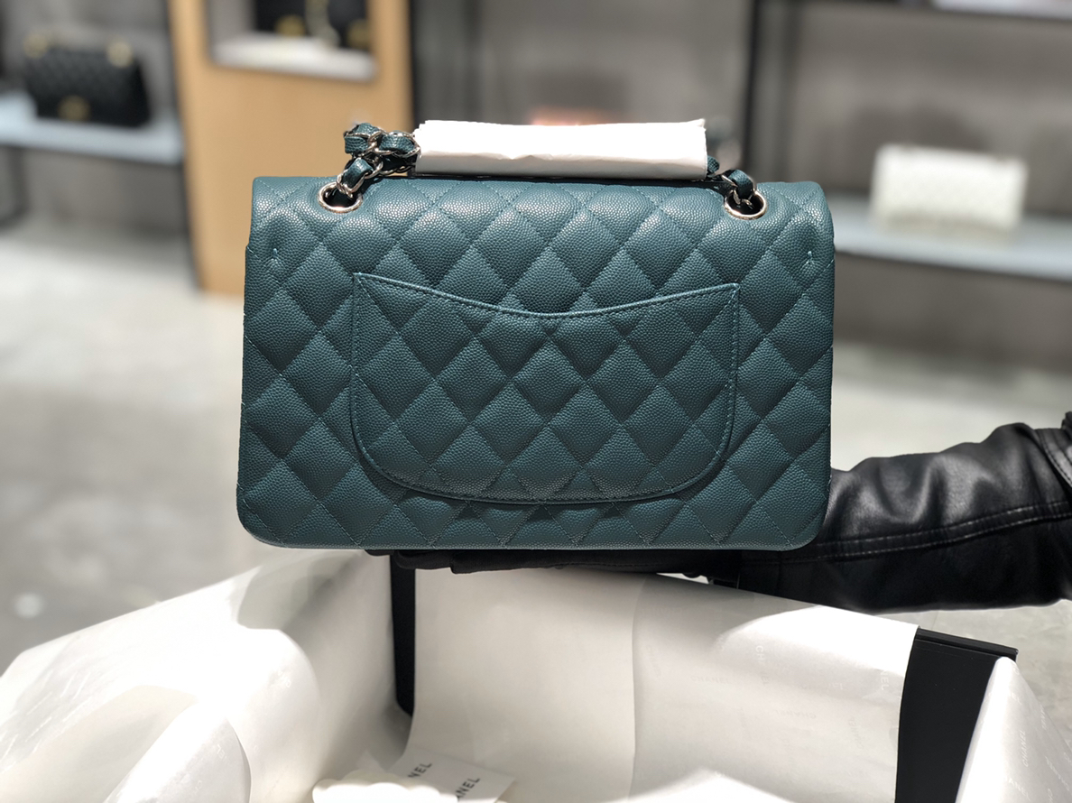 孔雀绿-银扣～Chanel CF 法国原厂Haas小球纹小鱼子酱牛皮 25cm～原厂皮