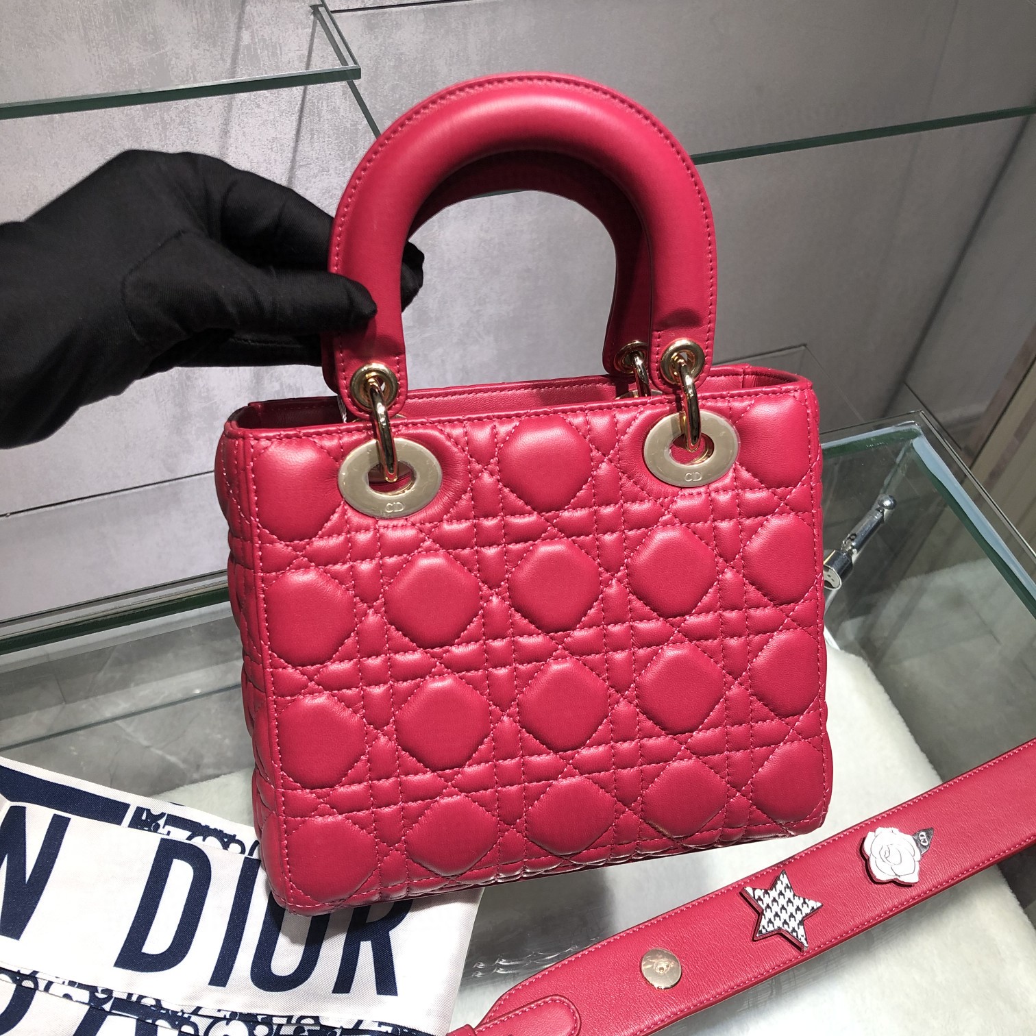 Dior 迪奥 Lady 四格 羊皮 玫红色 金扣 20cm 搭配徽章款宽肩带