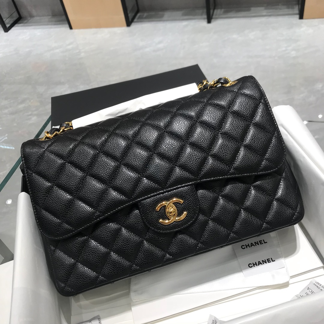 香奈儿香港官网【真品级】Chane* Jumbo CF30cm Haas原厂大球纹牛皮 百搭时尚 30cm 经典黑色 金扣～车边款