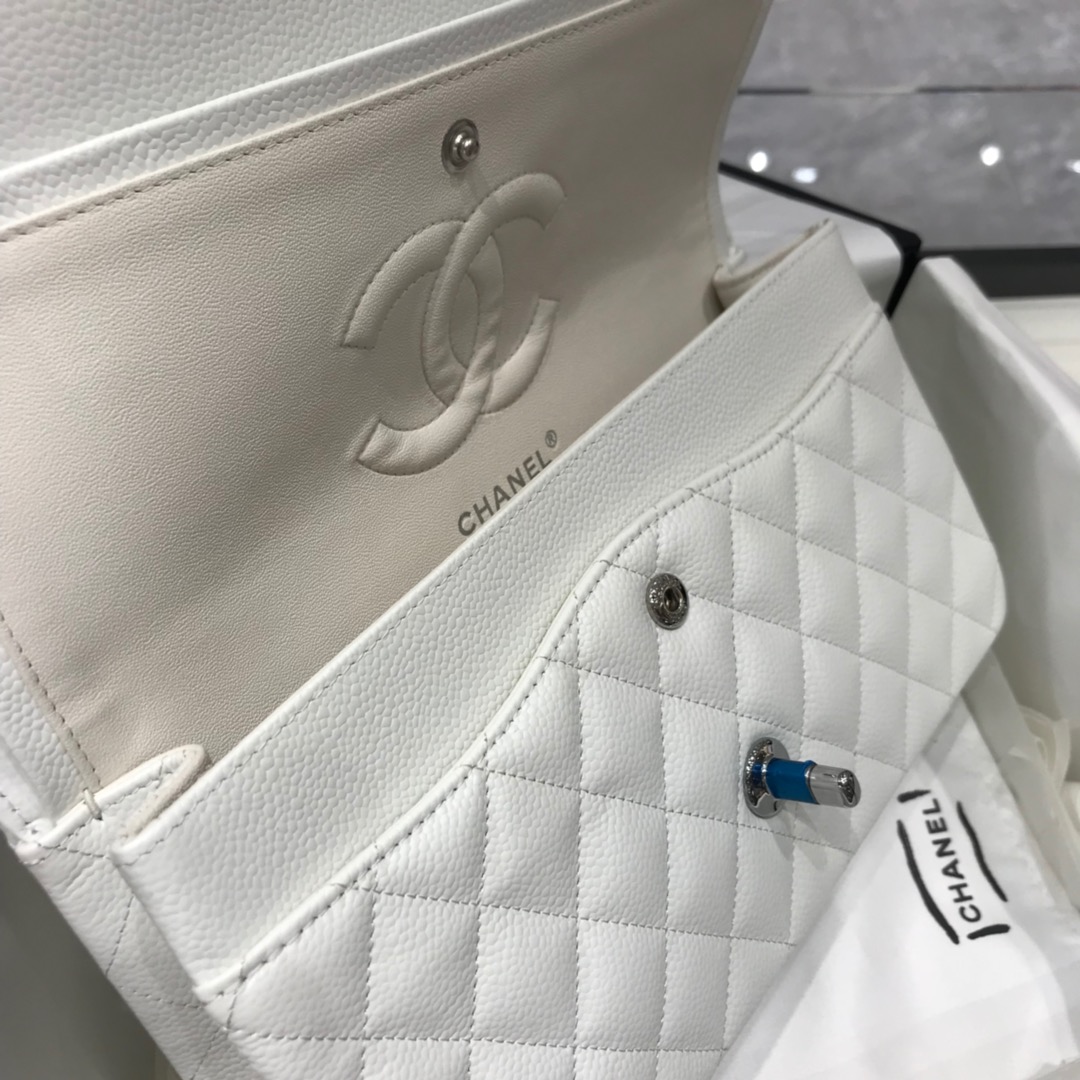 小香官网 《Classic Flap》 代购版本 25cm 进口鱼子酱 白色 银扣